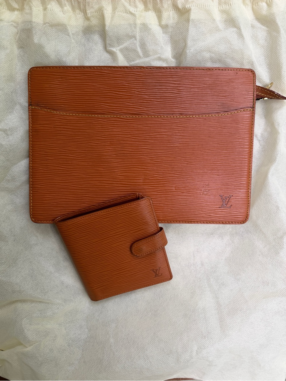 Louis Vuitton Tan Epi Leather Folio and Bifold Wallet Set